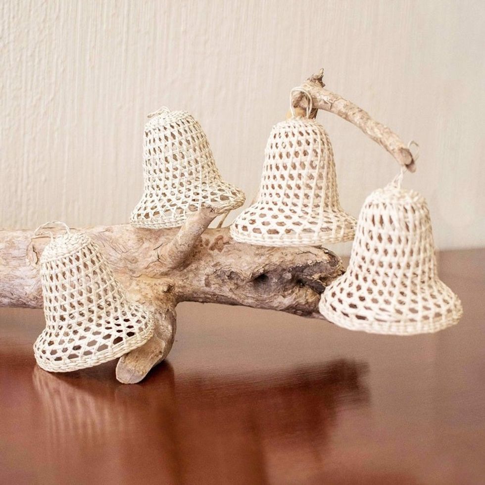 Handmade Natural Fiber Bell Ornaments Set of 4 'Holiday Bells'
