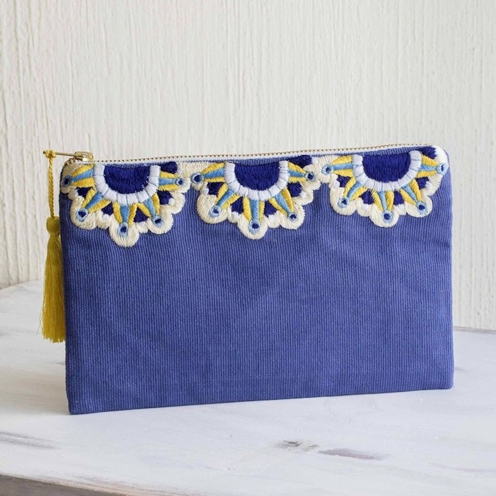 Sun Motif Embroidered Blue Cotton Cosmetic Bag 'Blue Sunbeams'
