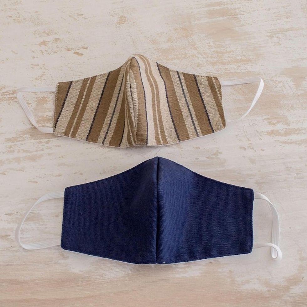 Brown Striped Blue Handwoven Cotton Face Masks 'Maya Handlooms'