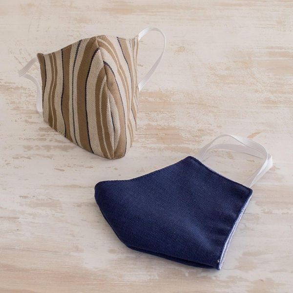 Alternate image for Brown Striped Blue Handwoven Cotton Face Masks Maya Handlooms