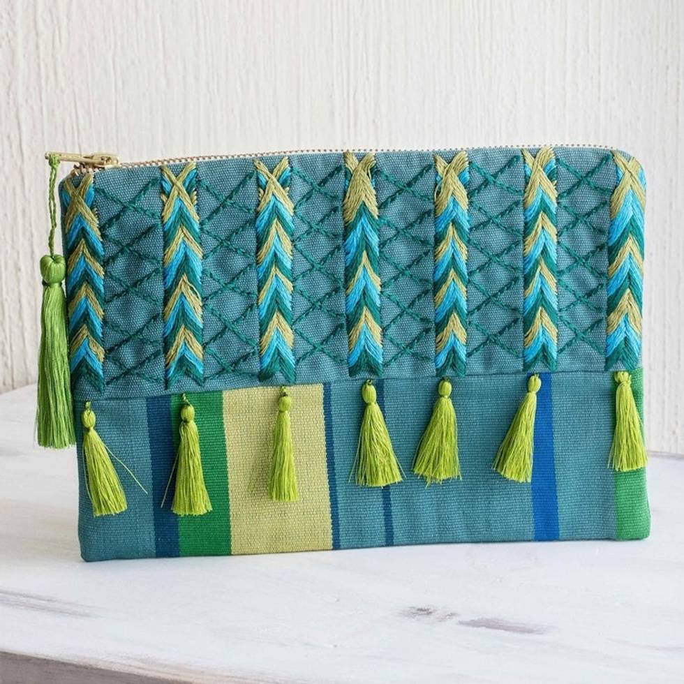 Green Blue Embroidered Turquoise Cotton Cosmetic Bag 'Turquoise Zigzags'