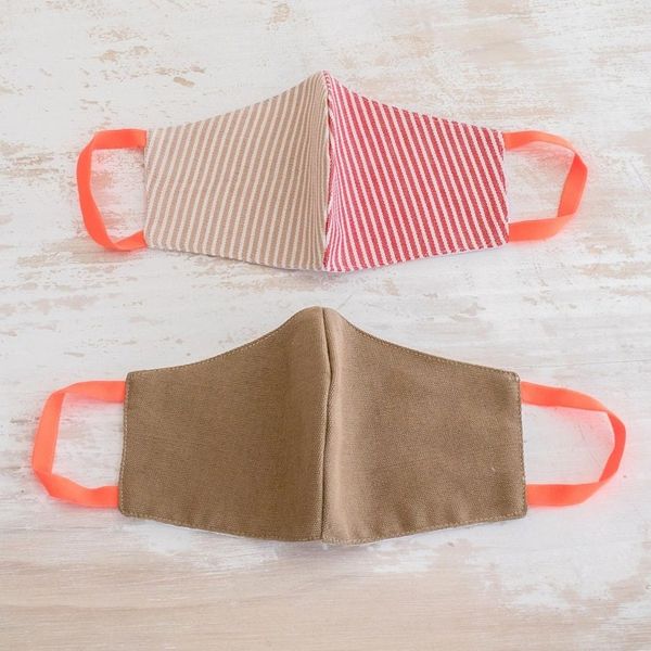 Alternate image for 2 Adults Handwoven Cotton Masks in Brown-Red Stripes Brown Candy Stripe Brown
