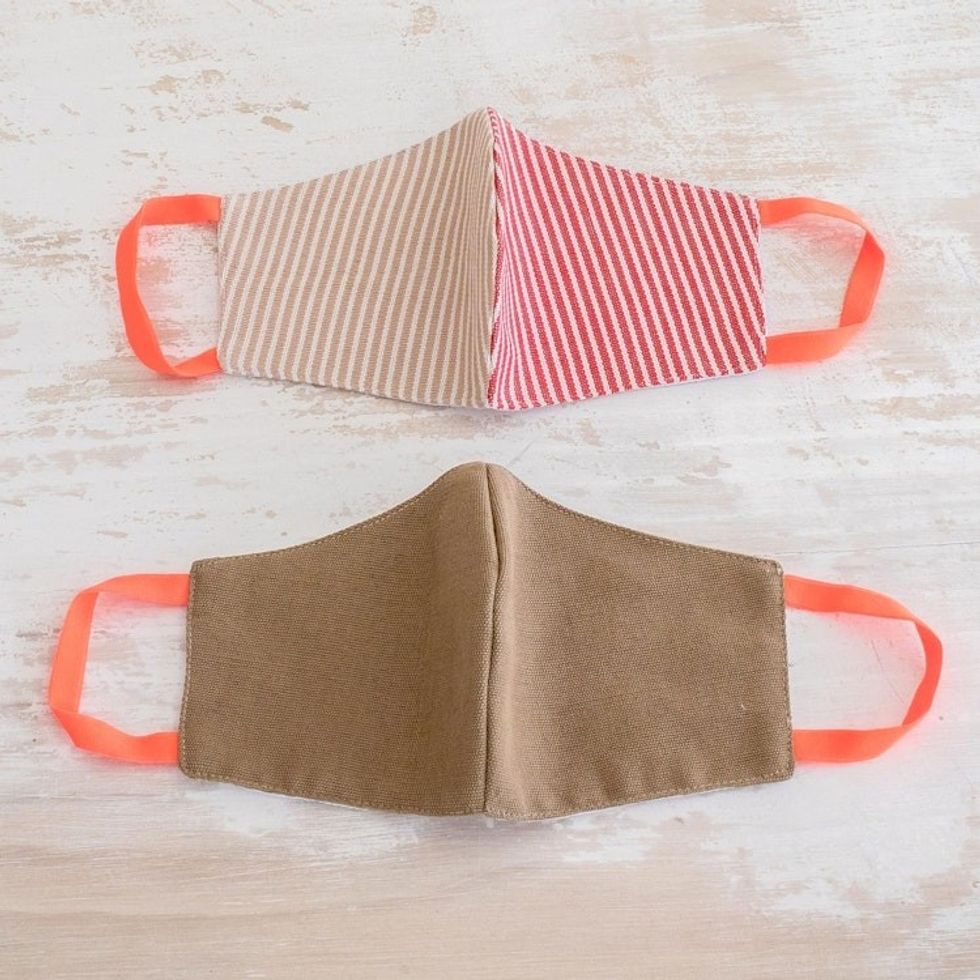 2 Adults Handwoven Cotton Masks in Brown-Red Stripes Brown 'Candy Stripe Brown'