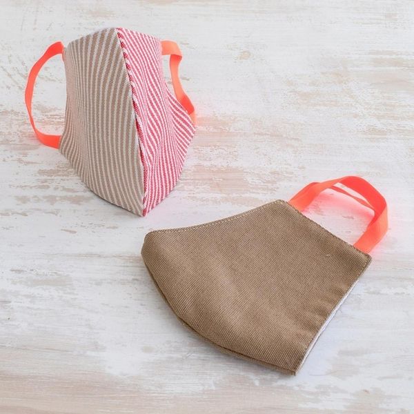 Alternate image for 2 Adults Handwoven Cotton Masks in Brown-Red Stripes Brown Candy Stripe Brown