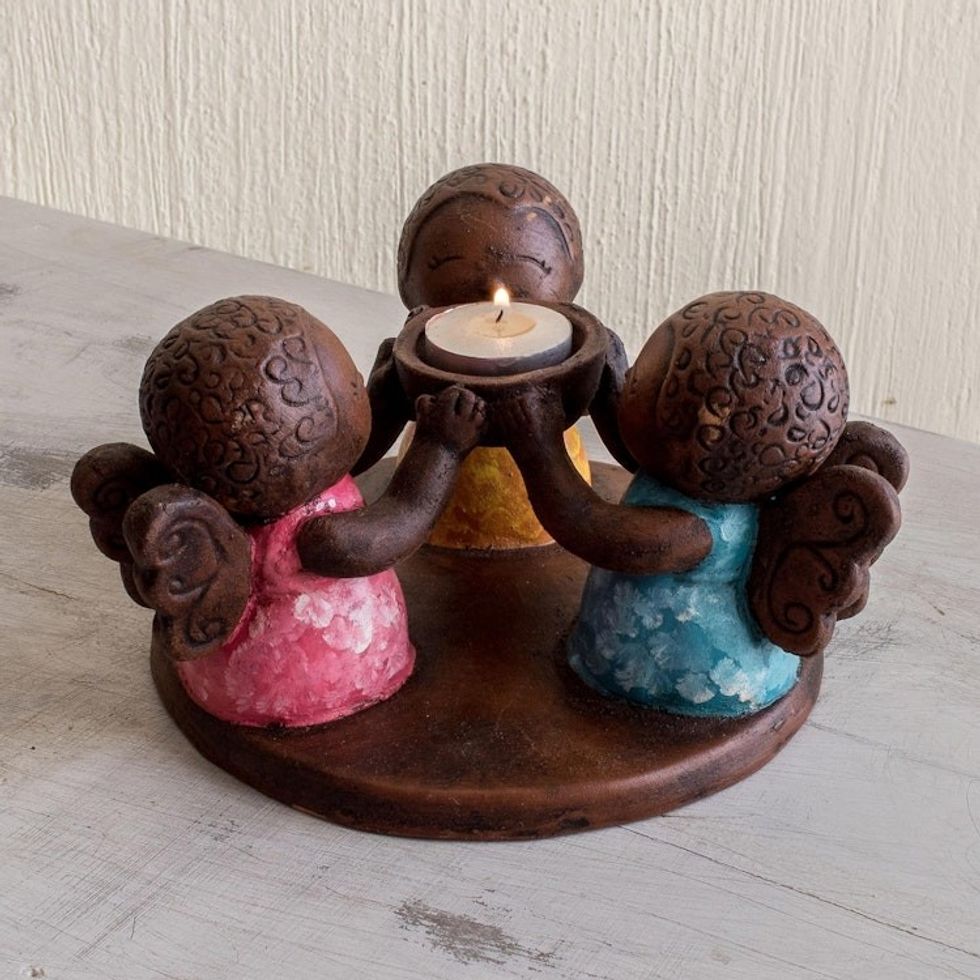 Salvadoran Ceramic Angel Tealight Candleholder 'Angel Trio'