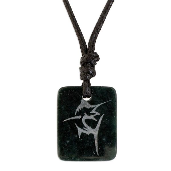 Alternate image for Swordfish Pendant Necklace in Dark Green Jade from Guatemala Breaching Swordfish