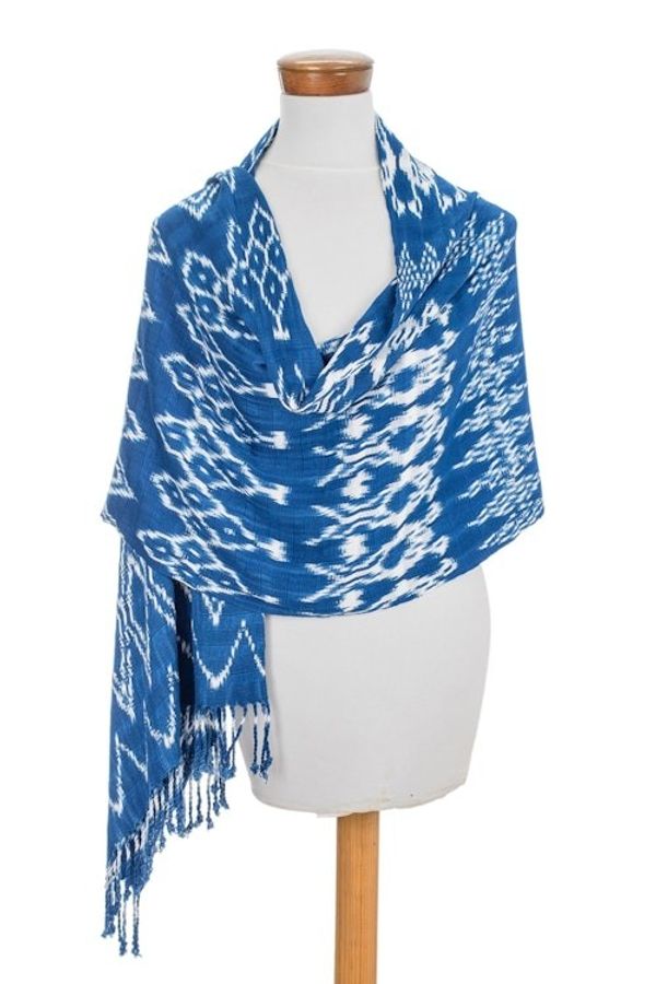 Alternate image for Handwoven Royal Blue Shibori Rayon Shawl from Guatemala Royal Blue Silhouettes