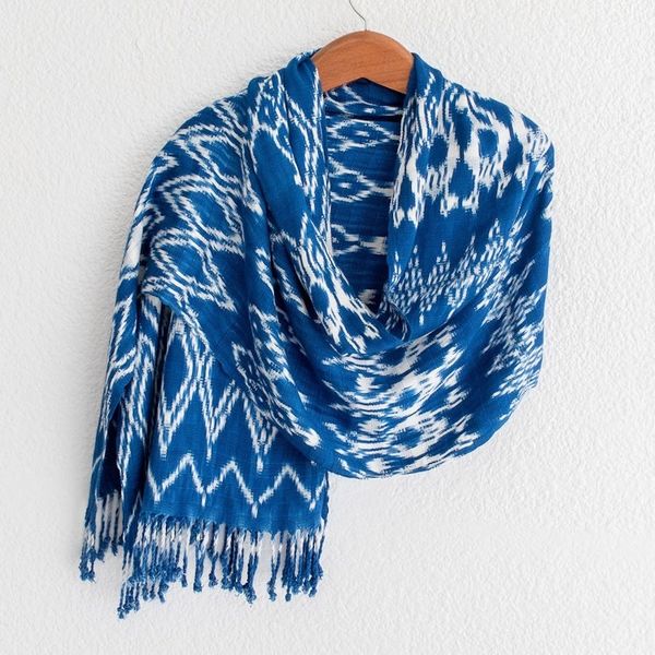 Alternate image for Handwoven Royal Blue Shibori Rayon Shawl from Guatemala Royal Blue Silhouettes