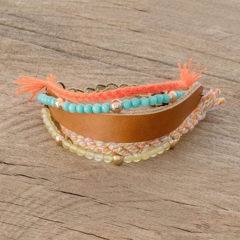 Glass Beaded Sepia Leather Wristband Bracelet 'Sepia Combination'