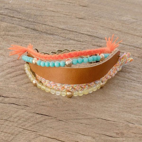 Alternate image for Glass Beaded Sepia Leather Wristband Bracelet Sepia Combination