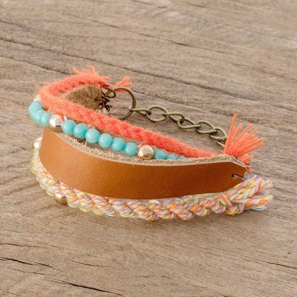 Alternate image for Glass Beaded Sepia Leather Wristband Bracelet Sepia Combination