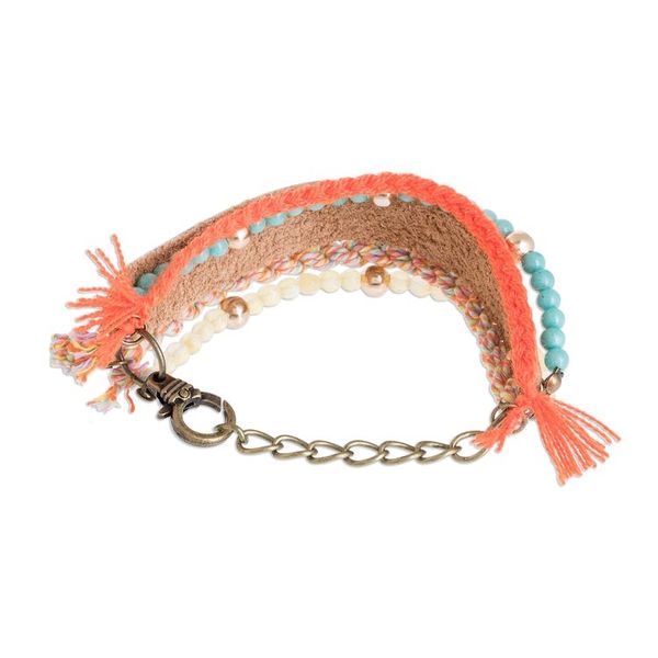 Alternate image for Glass Beaded Sepia Leather Wristband Bracelet Sepia Combination