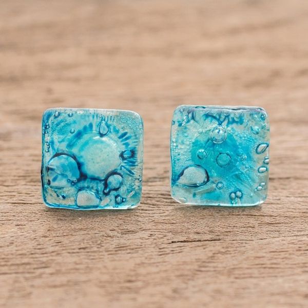 Alternate image for Recycled CD Stud Earrings in Blue from Guatemala Bubble Explosion in Blue