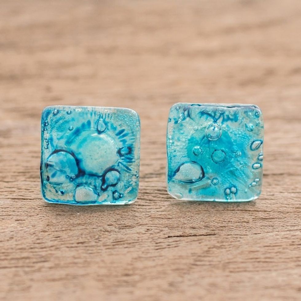 Recycled CD Stud Earrings in Blue from Guatemala 'Bubble Explosion in Blue'
