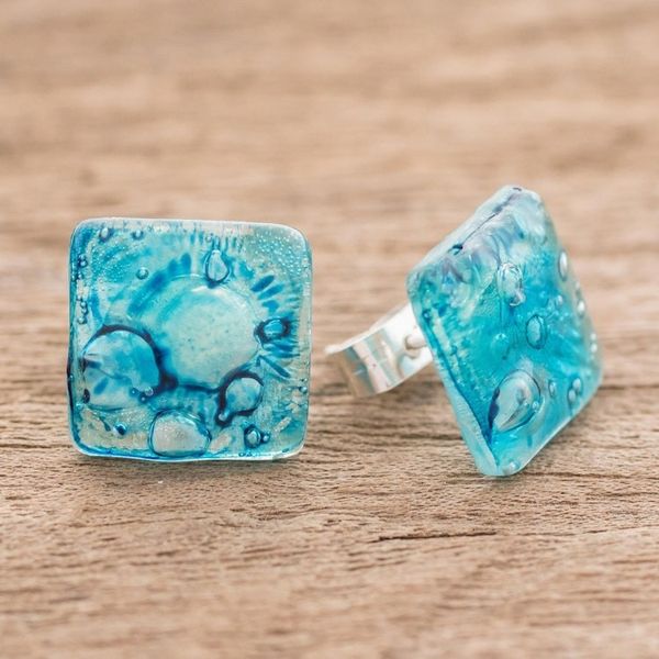 Alternate image for Recycled CD Stud Earrings in Blue from Guatemala Bubble Explosion in Blue