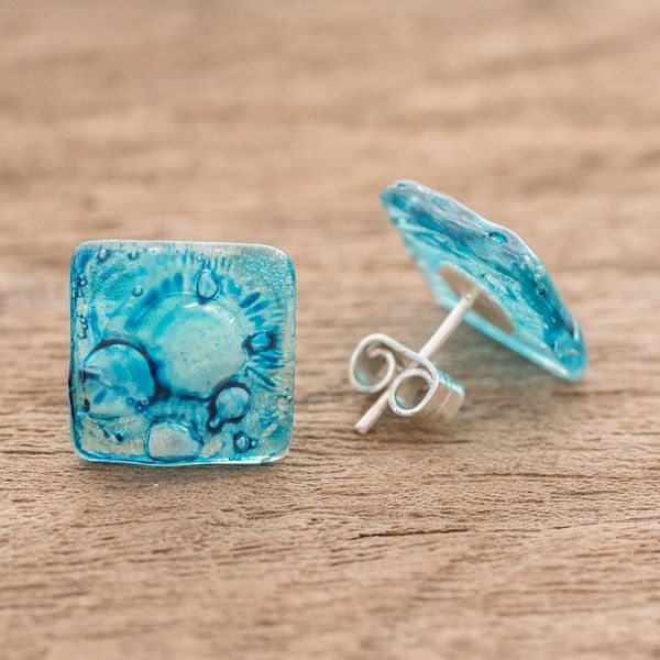 Alternate image for Recycled CD Stud Earrings in Blue from Guatemala Bubble Explosion in Blue