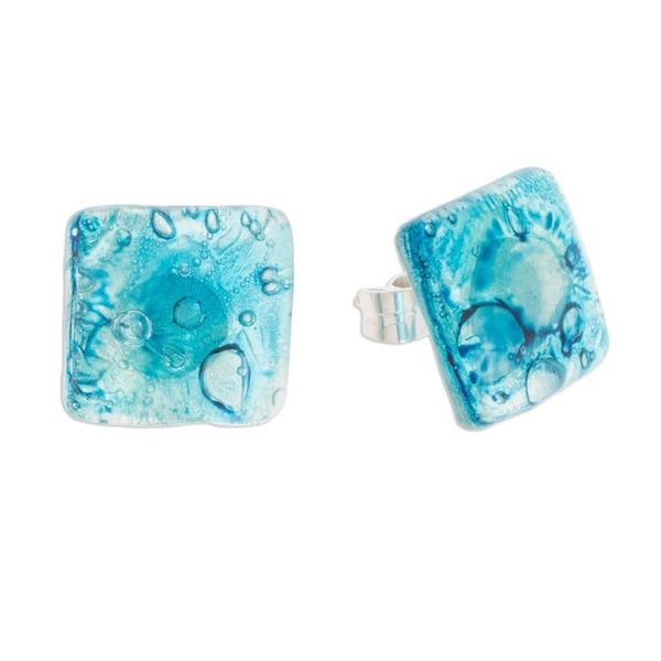Alternate image for Recycled CD Stud Earrings in Blue from Guatemala Bubble Explosion in Blue