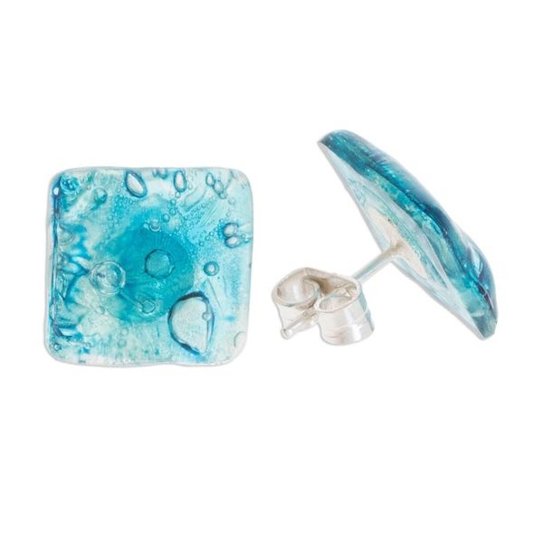 Alternate image for Recycled CD Stud Earrings in Blue from Guatemala Bubble Explosion in Blue