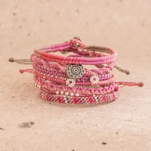 Alternate image for Glass Beaded Macrame Bracelets in Fuchsia Set of 7 Boho Histories in Fuchsia