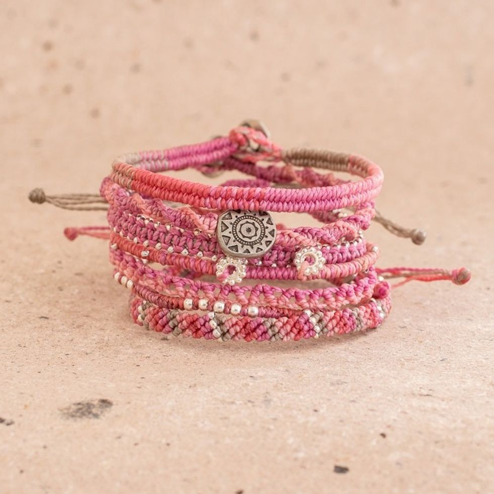 Glass Beaded Macrame Bracelets in Fuchsia Set of 7 'Boho Histories in Fuchsia'