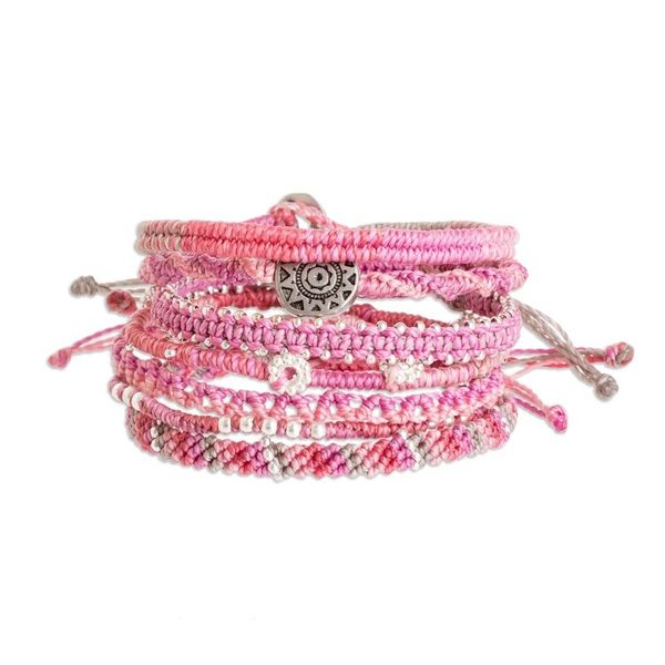 Alternate image for Glass Beaded Macrame Bracelets in Fuchsia Set of 7 Boho Histories in Fuchsia