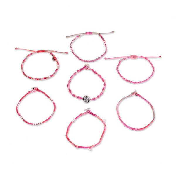 Alternate image for Glass Beaded Macrame Bracelets in Fuchsia Set of 7 Boho Histories in Fuchsia