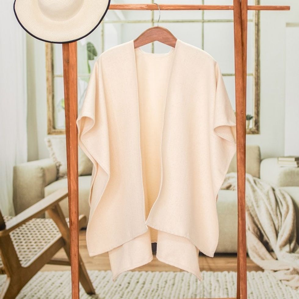 Handwoven Cotton Ruana in Eggshell from El Salvador 'Tradition of Love in Eggshell'