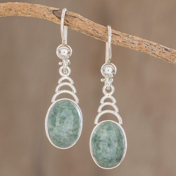 Alternate image for Arc Motif Apple Green Jade Dangle Earrings from Guatemala Apple Green Antique Arcs