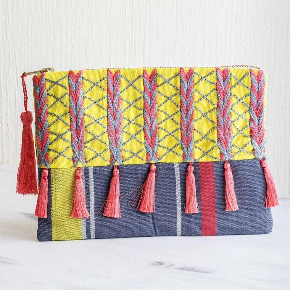 Pink and Yellow Embroidered Grey Cotton Cosmetic Bag 'Pink Zigzags'