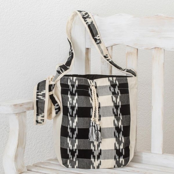 Alternate image for Handwoven Cotton Bucket Bag in Black and Ivory Black and Ivory