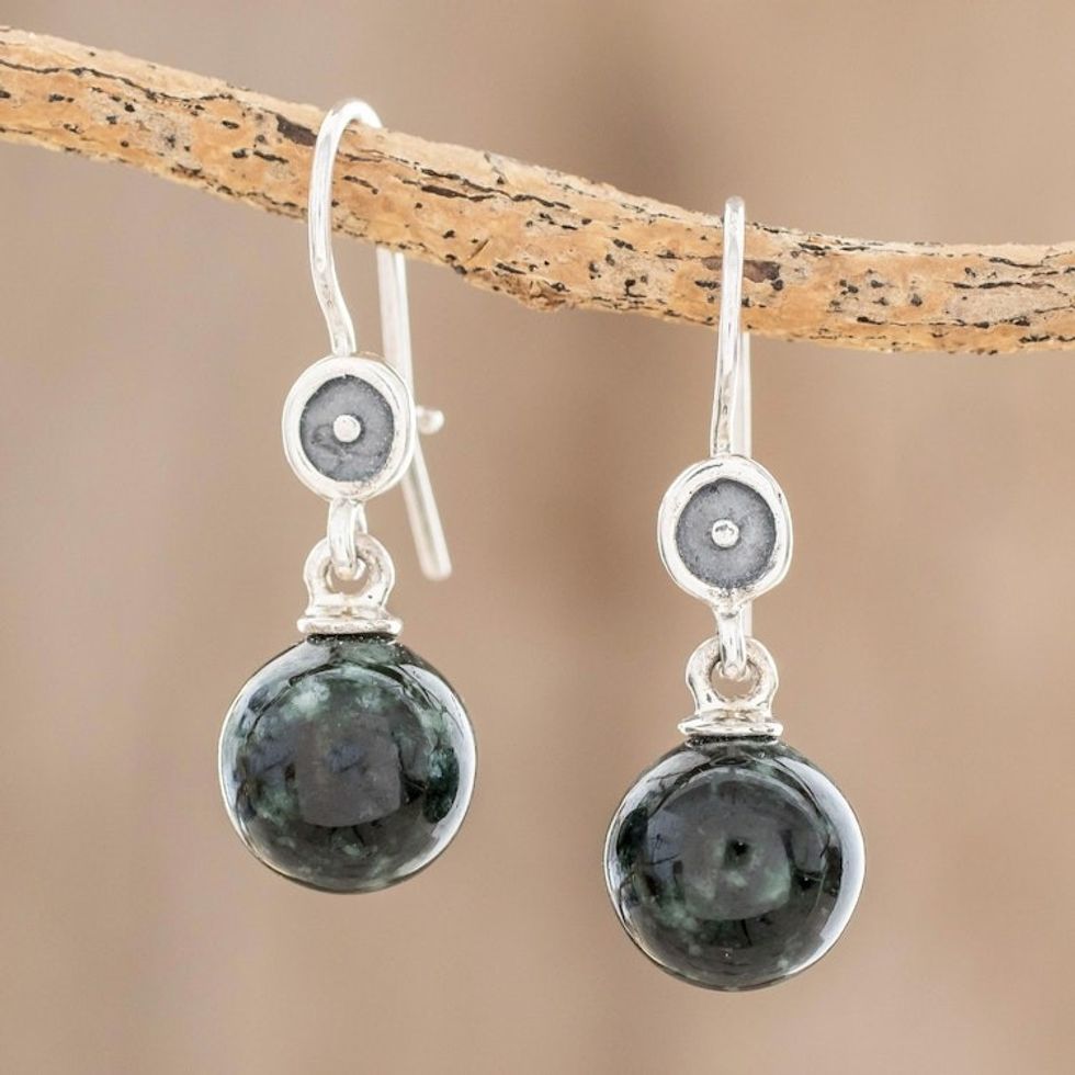 Dark Green Jade Dangle Earrings from Guatemala 'Magic Orbs'