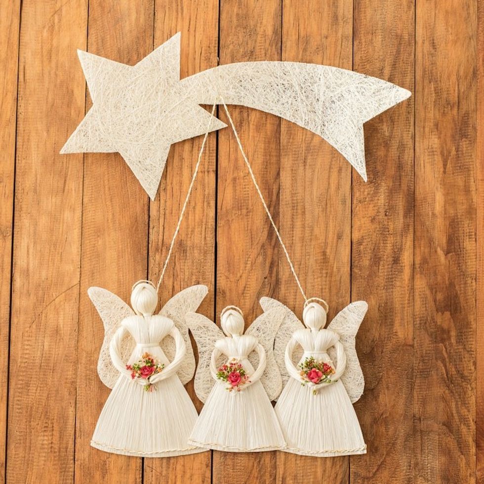 Natural Fiber Angel Wall Sculpture from Costa Rica 'Angels with Flowers'