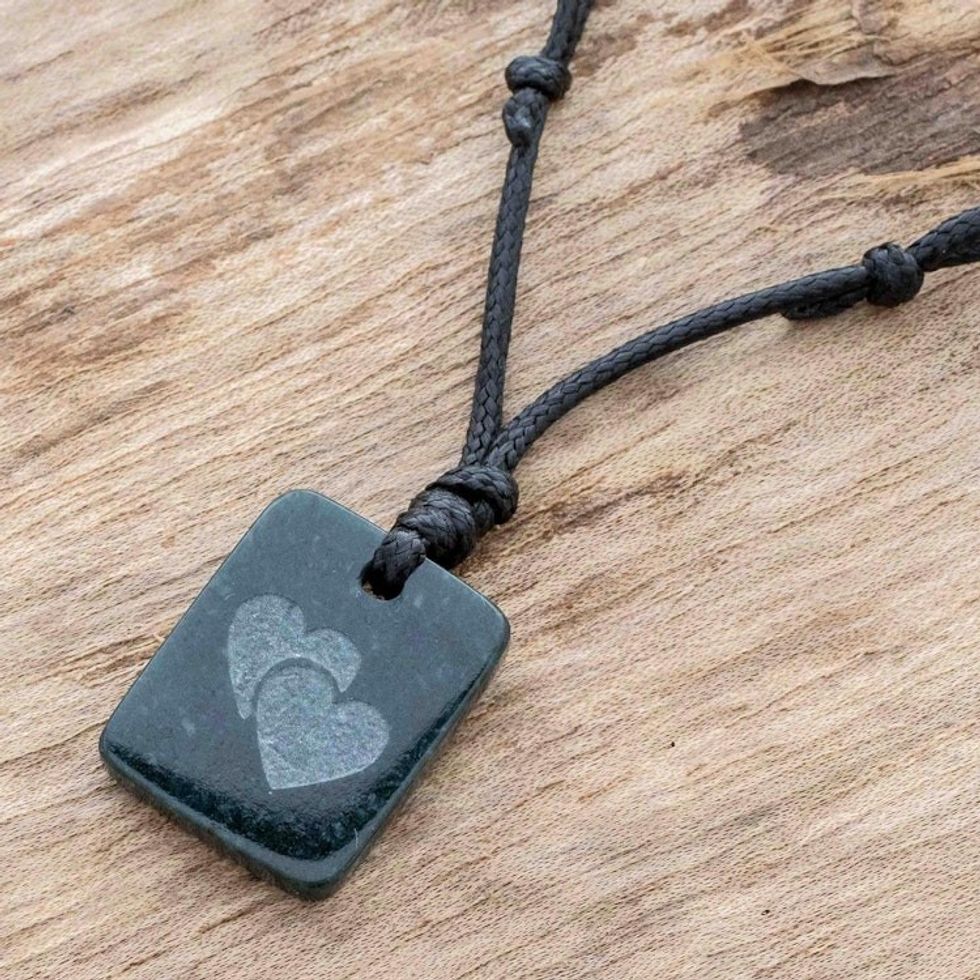 Hearts Pendant Necklace in Dark Green Jade from Guatemala 'Close Hearts'