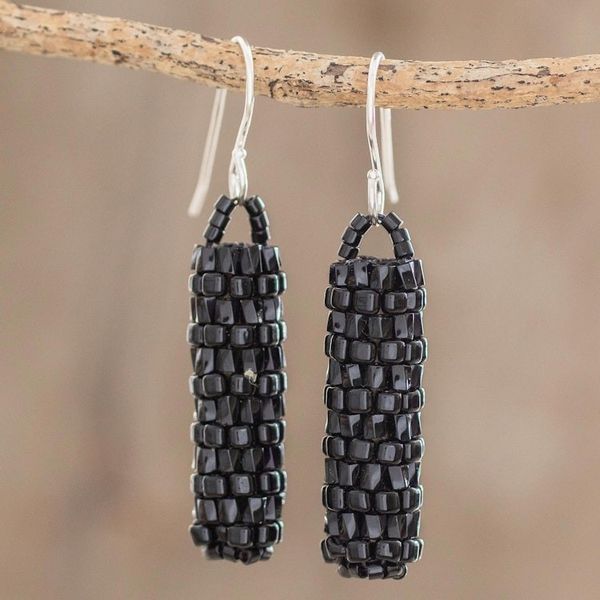 Alternate image for Pillar-Shaped Black Glass Beaded Dangle Earrings Black Pillars