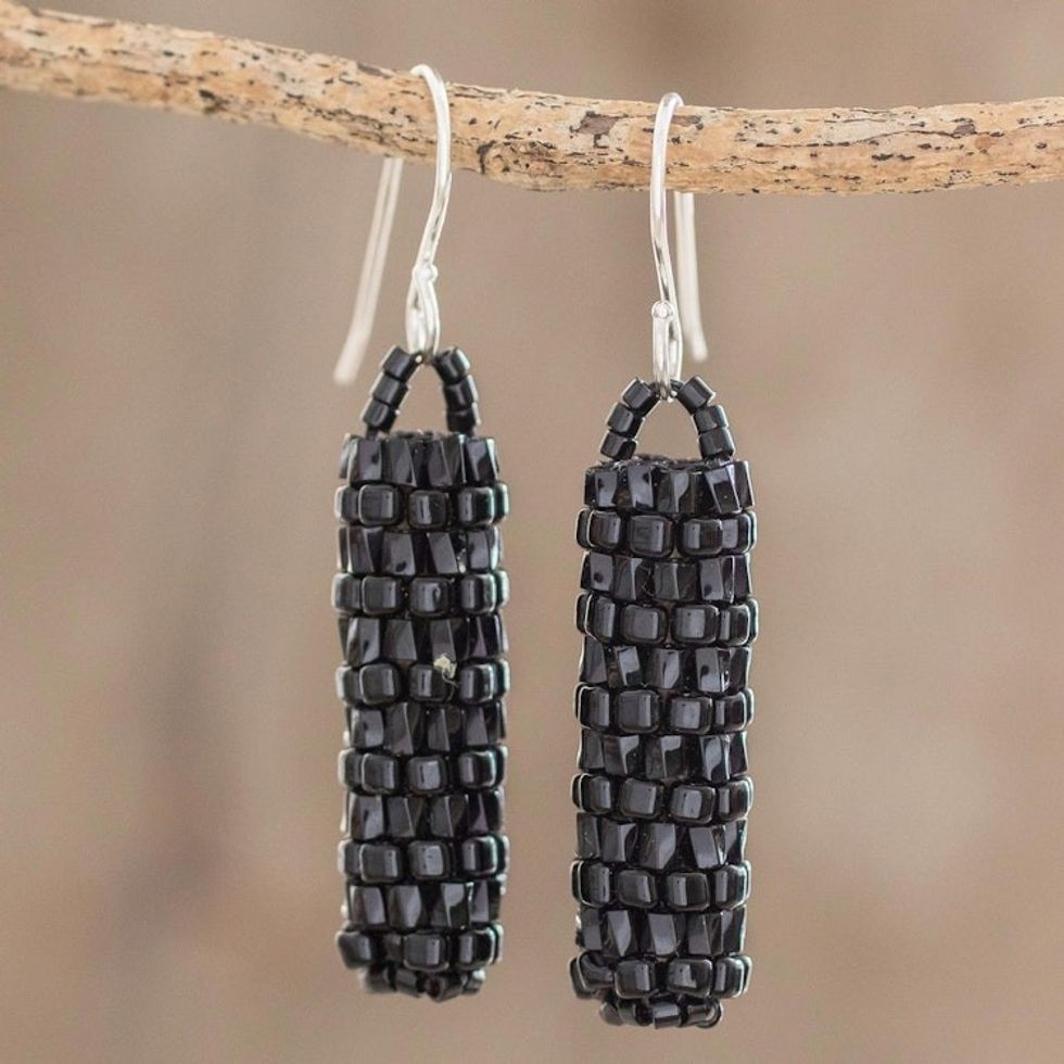 Pillar-Shaped Black Glass Beaded Dangle Earrings 'Black Pillars'