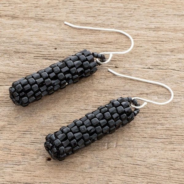 Alternate image for Pillar-Shaped Black Glass Beaded Dangle Earrings Black Pillars