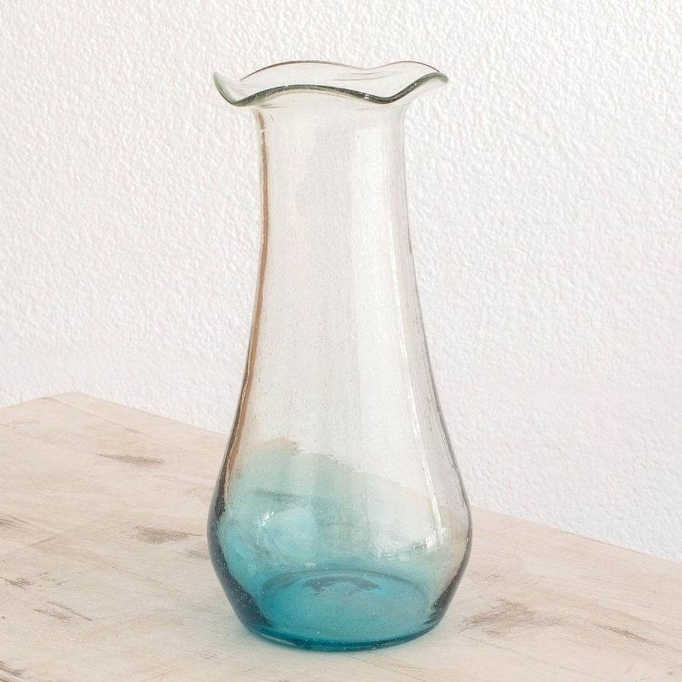 Handblown Recycled Glass Vase with Blue Accent 'Glistening Sea'