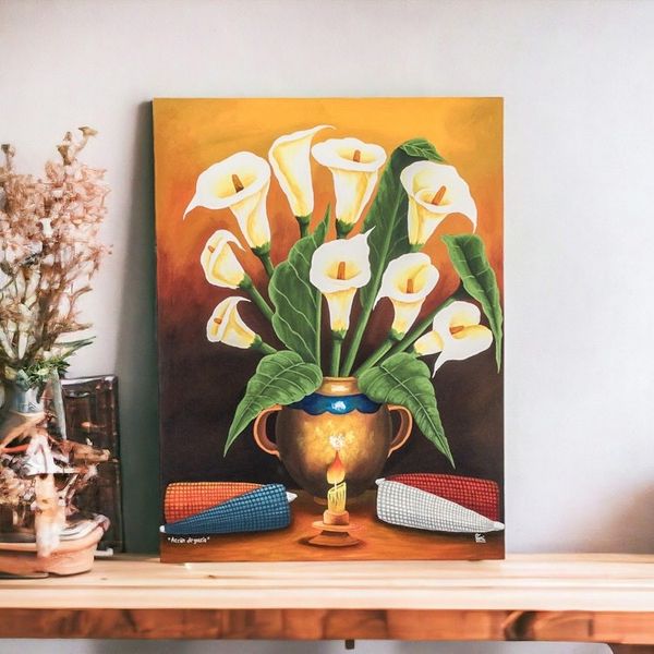 Alternate image for Still Life Painting of Calla Lilies and Corn from Gutaemala Thanksgiving