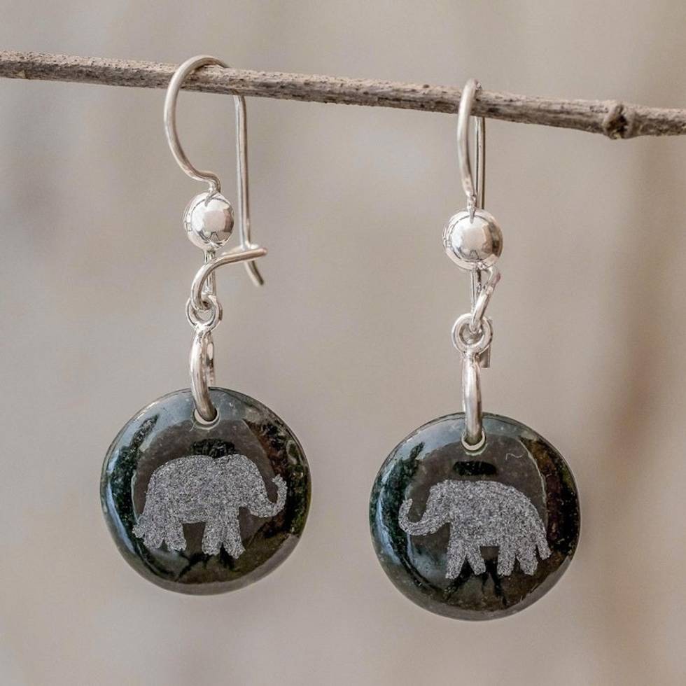 Sterling Silver and Jade Elephant Dangle Earrings 'Love of Nature - Elephant'