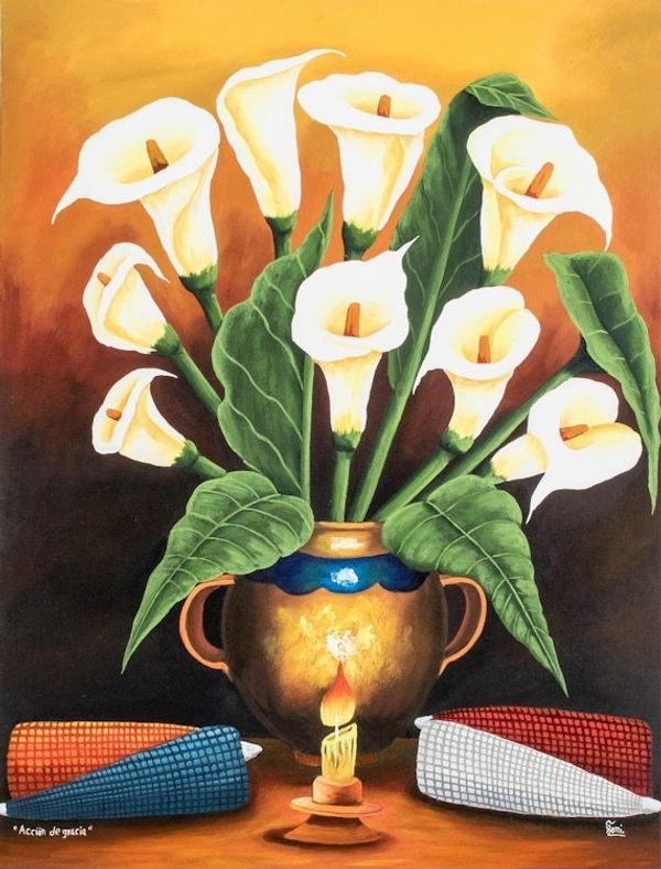 Alternate image for Still Life Painting of Calla Lilies and Corn from Gutaemala Thanksgiving