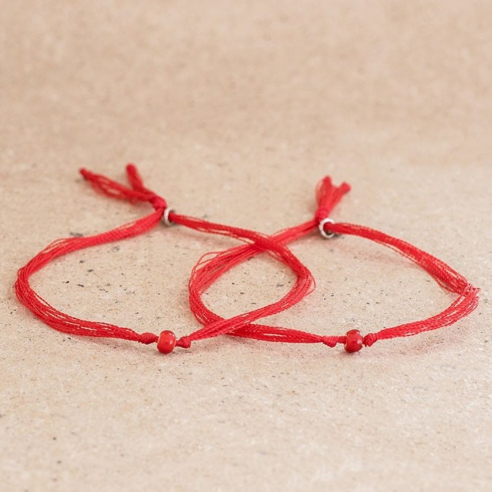 Red Cord Bracelets with Red Glass Beads Pair 'For You and Me'
