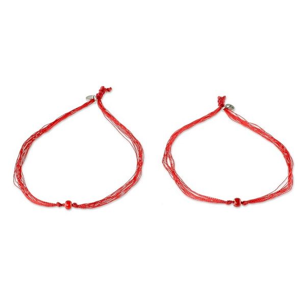 Alternate image for Red Cord Bracelets with Red Glass Beads Pair For You and Me