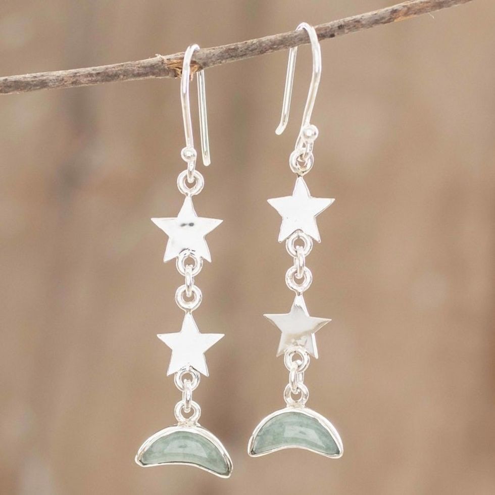 Green Jade Star and Moon Dangle Earrings from Guatemala 'Starry Nights in Green'