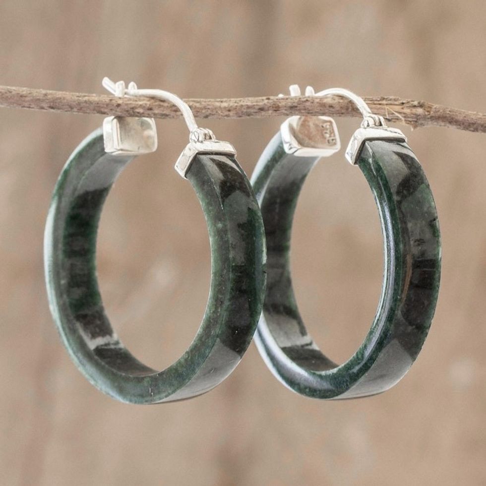 Handmade Jade Hoop Earrings 'Synchronicity in Dark Green'