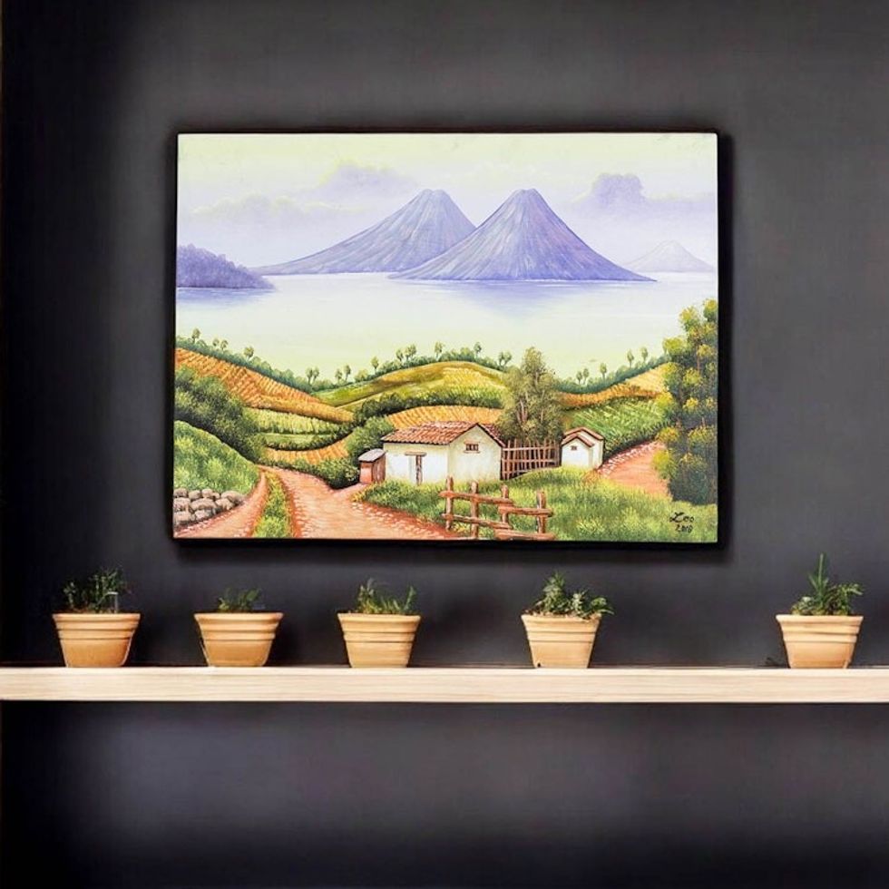 Signed Folk Art Painting of Lake Atitln from Guatemala 'Lake Atitln'