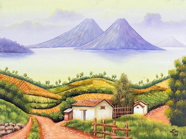 Alternate image for Signed Folk Art Painting of Lake Atitln from Guatemala Lake Atitln
