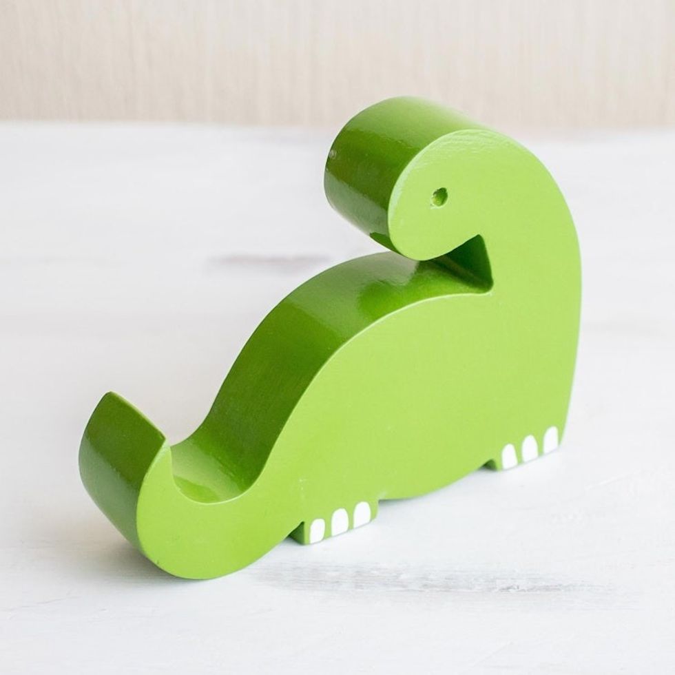 Artisan Crafted Green Cell Phone Holder 'Dino in Lime'
