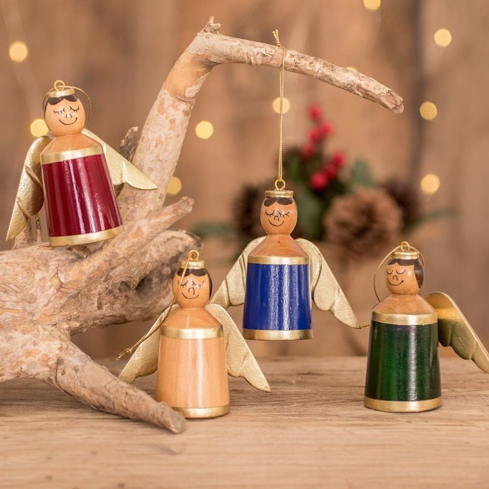 Assorted Color Reclaimed Wood Angel Ornaments Set of 4 'Lovely Angels'