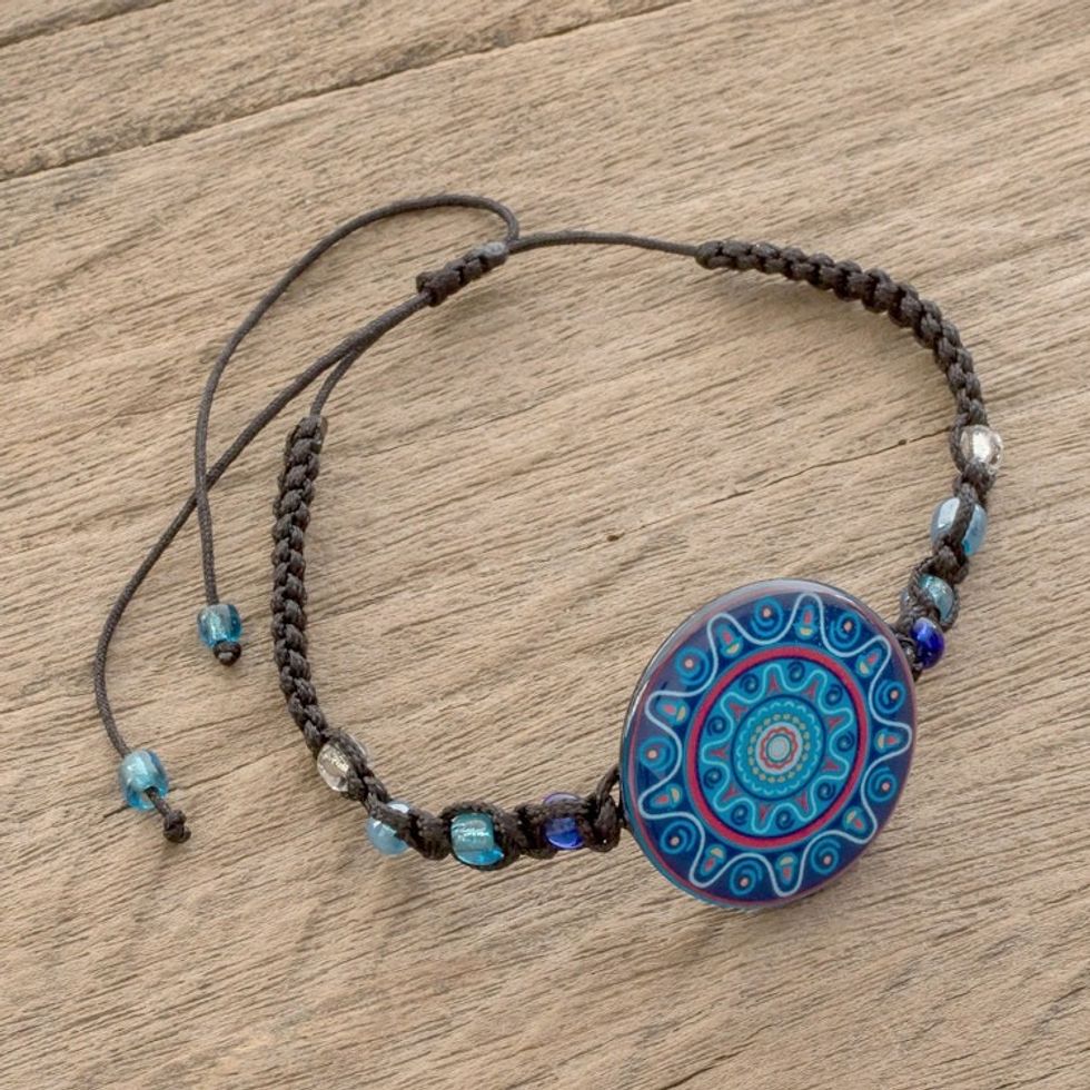 Glass Beaded Macrame Pendant Bracelet in Blue 'Ancient River'