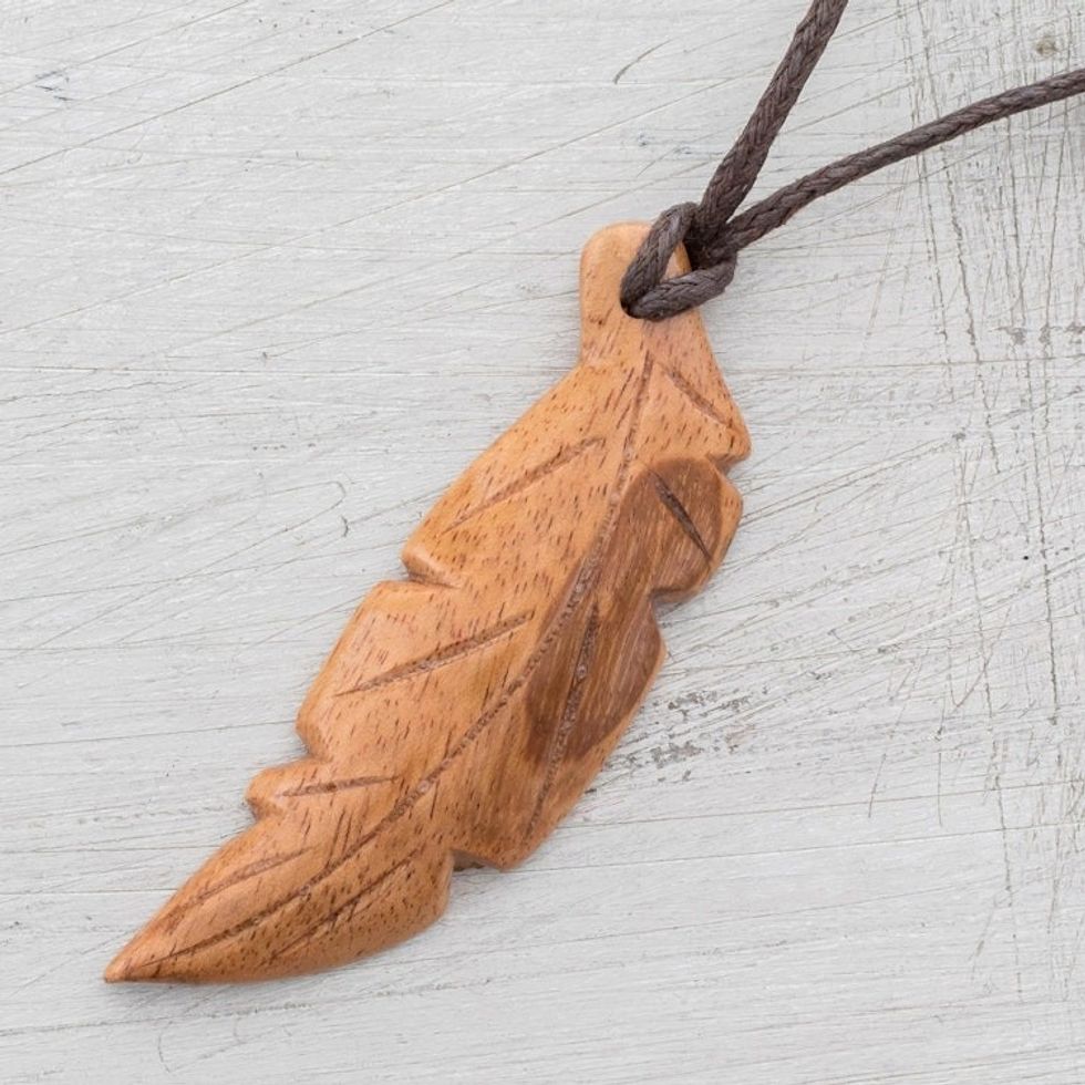 Jobillo Wood Feather Pendant Necklace from Costa Rica 'Jobillo Free Feather'